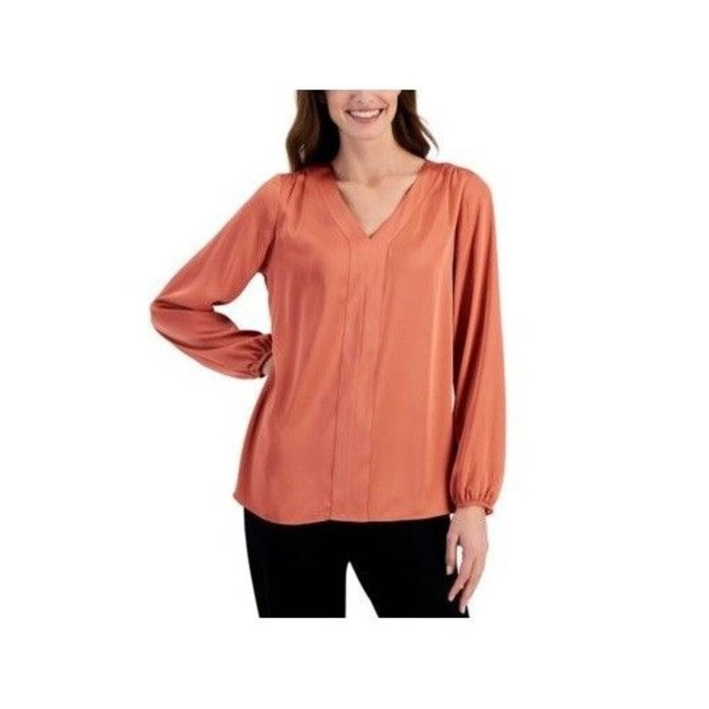 JM Collection Women Petite PXL Burnt Brick Orange Long Sleeve Blouse Top NWT V85